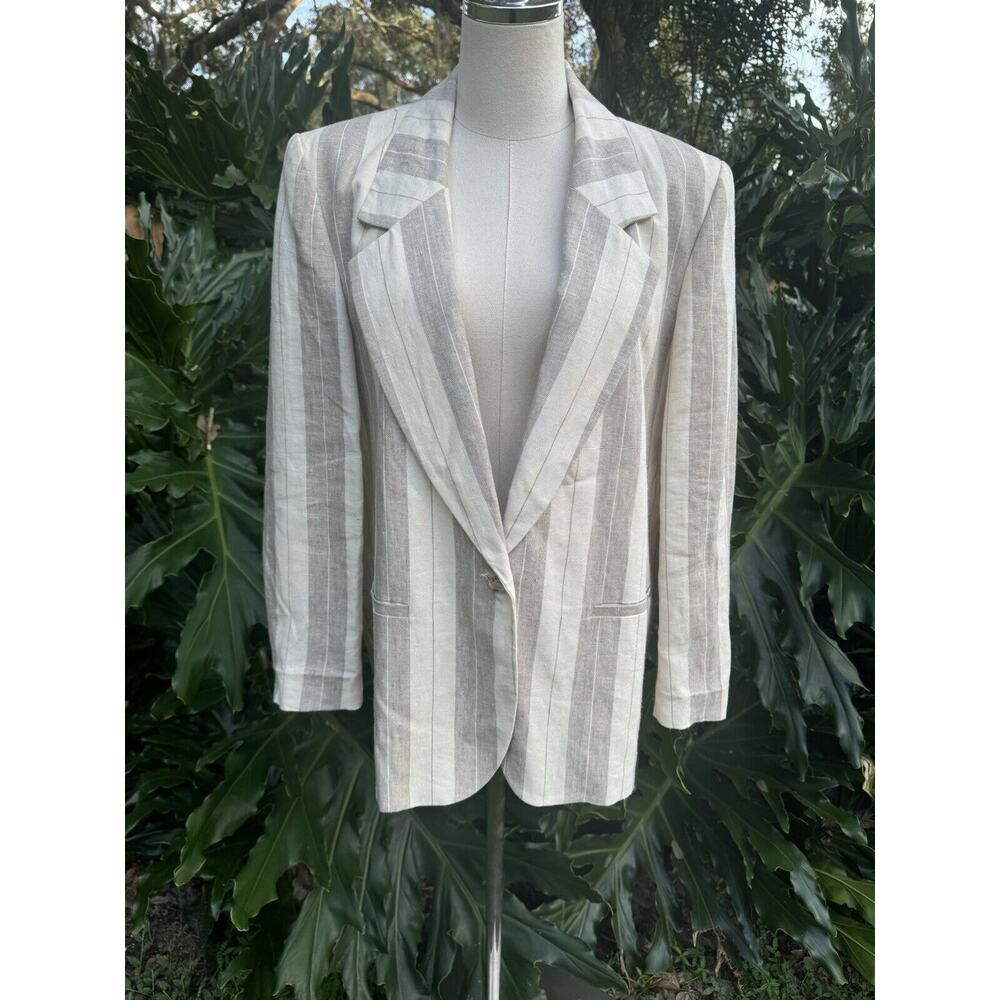 Vintage Neiman Marcus Women’s Linen Blazer Ran Khaki Striped Quiet Luxury 90s
